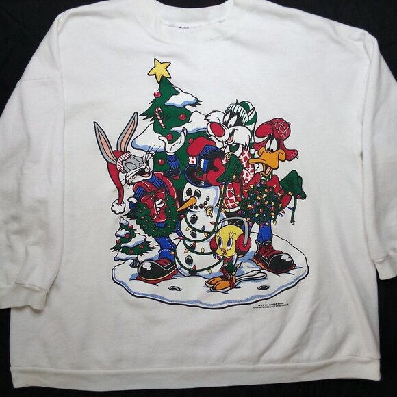 Vintage Looney Tunes Christmas Bugs Bunny Taz Tweetie Daffy Crewneck Sweatshirt - Picture 2 of 9